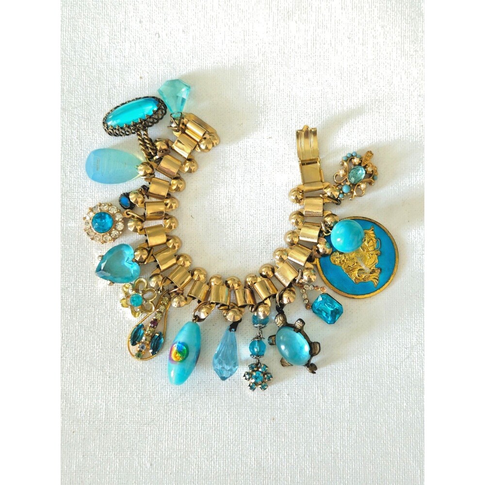 Vintage 1960s Loaded Assemblage Charm Bracelet Buddha Blue Glass & Rhinestone 8"